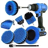 Bürstenaufsatz Bohrmaschine Set 8 Stück, Bürste für Akkuschrauber Power Scrubber Drill Brush Attachment mit Verlängerung & Microfasertucher für Auto Felgen Küche Badewanne Fliesen Teppich Grill-Blau