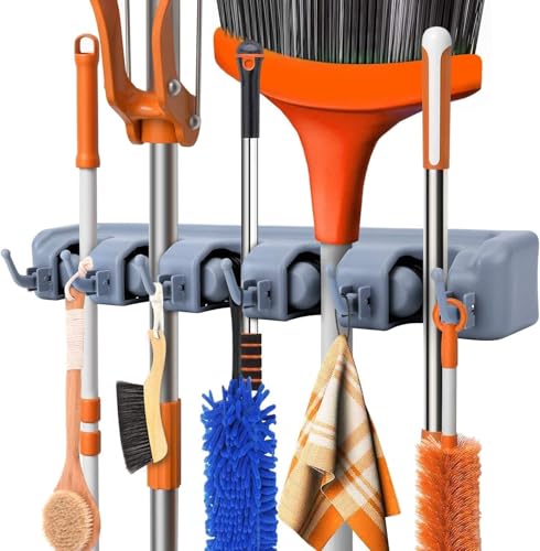 Image of JD FRESH 1 Pcs Plastic Mop and Broom Holder Wall Mount with 5 Slot & 6 Hook, Anti Slip Heavy Duty Waterproof Broom Hanger Stand Organizer Tool Kitchen Home Garden Bathroom (Grey)