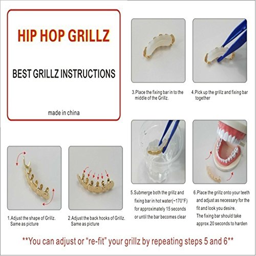 24K Gold Plated Hip Hop Teeth Grillz Punk Custom Fit Polished Teeth Grillz Caps Top & Bottom Grill Set with 2 Silicon Molding Bars Removable Grills For Women Men Gift Halloween Party4