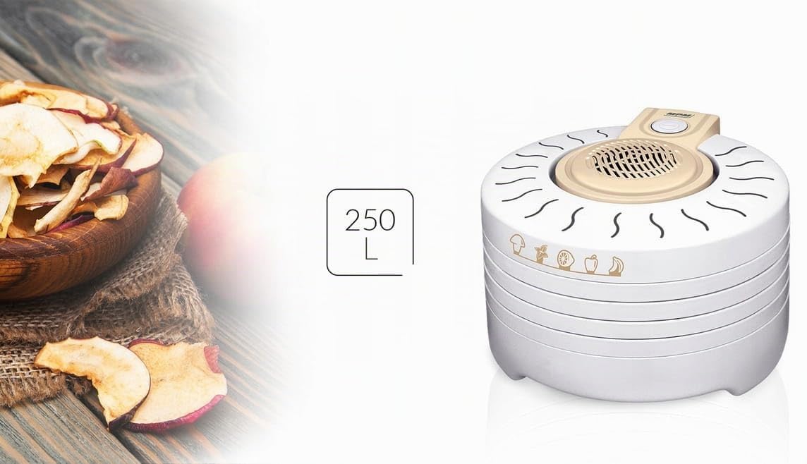 MPM MSG-03 Essiccatore Alimentare, 4 Vassoi senza BPA di 28 cm, Disidratatore Elettrico per Alimenti, Frutta, Funghi e Verdura, 250W, Bianco