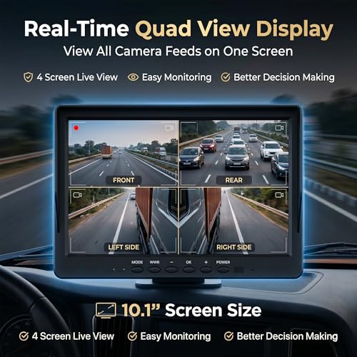Image of Lenovo 4 Channel Dash Cam for Trucks & Buses with 10 Inch IPS Monitor, 1080P Quad Split View, Night Vision, Parking Monitor, Loop Recording, 9V-36V Vehicle Compatible T5-T4C