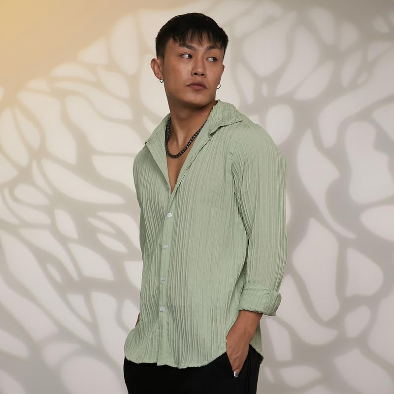Image of CAHOOT Men's Veined-Textured Shirt | Casual Wear | Spread Collar | Long Sleeve | Button Closure | Shirt Crafted with Comfort Fit for Everyday Wear