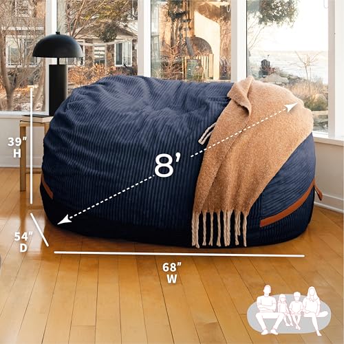 Image of Big Joe Fuf 8Ft Giant Foam Bean Bag Chair, Oversized Couch with Removable Cover for Kids, Teens, Adults, Midnight Blue Corded Plush, 8 Foot