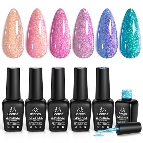 Image of Beetles Chameleon Gel Polish Set - 6 Colors Crushed Diamond Glitter Gel Polish, Sparkle Pink Purple Blue Soak Off UV LED Gel Nail Kit DIY Manicure Spring Gift for Women