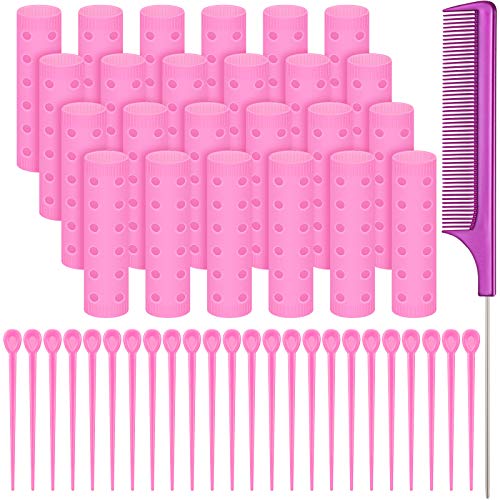 Small Size Hair Rollers Set, Includes 24 Plastic Smooth Hair Rollers 0.71 Inch/ 1.8 cm Hair Curlers with Steel Pintail Comb Rat Tail Comb for Hair Salon Hairdressing Styling Tools, Random Color