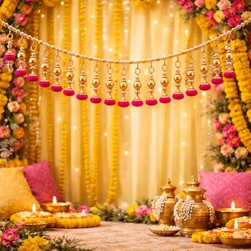 Image of Rajasthan Kraft Handcrafted Door Toran with Gota Ball, Beads & Mirror (40 Inch) - Adds Festive Charm to Your Home, Perfect for Home & Festive Decor and Housewarming Gifts (T0034)