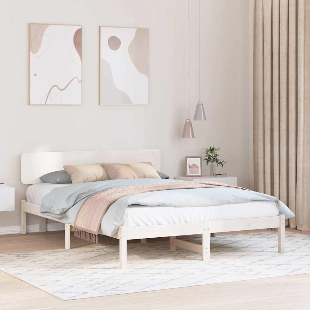 YUTAASU Bettrahmen mit Kopfteil Weiß 200 x 200 cm Massives Kiefernholz | Stabiler Lattenrost, Einfach zu Reinigen, Quadratische Beine, Modernes Design