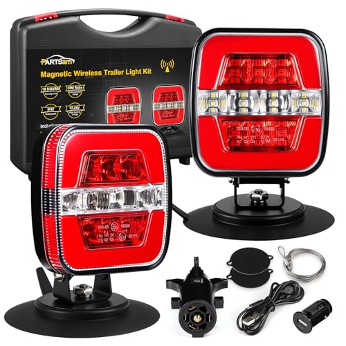 Image of Partsam Wireless Trailer Light Kit, Portable Magnetic LED Tow Lamp, Stop Brake Turn Reverse Towing Tail Lights w /Metal Base Suction Cup 7-Pin Plug for Trucks Trailers 12-24V IP67 Waterproof