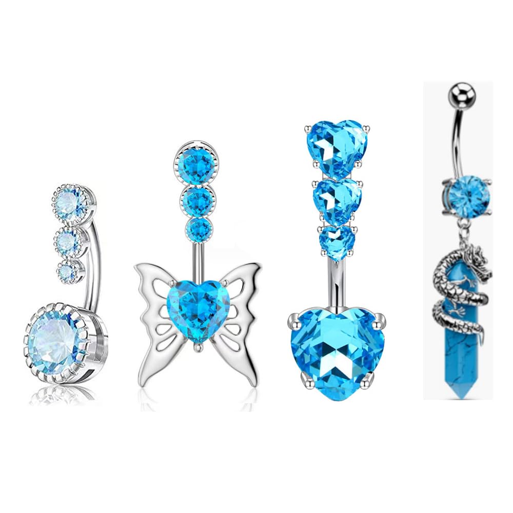 IrbingNiiBelly Button Rings Long Dangle Belly Piercing Stainless Steel 14G Body Chain Belly Rings for Women Dangling Blue