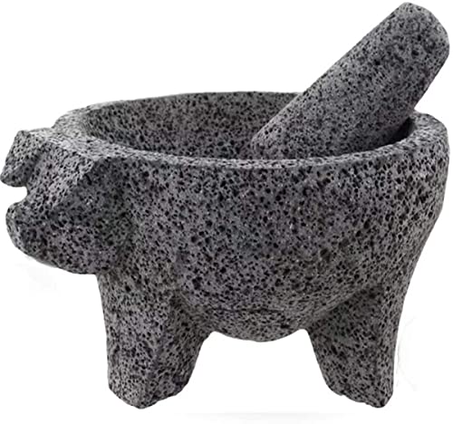 Lindo Brand 8.6 inch Molcajete Mortar and Pestle with Pig Design, Mexican Handmade with Lava Stone Ideal as Herb Bowl, Spice Grinder, Volcanic Stone