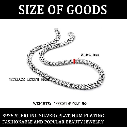Sterling Silver Platinum-plated Men's Cuban Chain Riding crop Chain Flat Necklace Husband Lover Jewelry (6MM&8MM)2