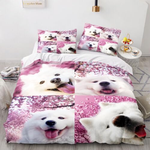 Housse de couette 140x200 microfibre avec 2 taies d'oreiller motif Samoyède pourpre