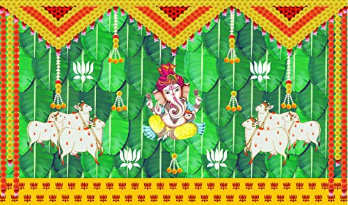 Image of Banana Leaf and Marigold and Lotus Flower with Cows and Ganesh ji Design Backdrop Cloth for Pooja Decoration Curtain Cloth for Festival Size 5 Feet Height and 8 Feet Width(5 * 8)