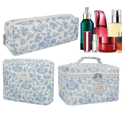 Floral Makeup Bag for Women, Women's Makeup Travel Set, 3 x Cotton Quilted Cosmetic Makeup Bag Set, Flower Aesthetic Travel Toiletry Organizer Bag for Women, Teens, Girls, Portable Storage,