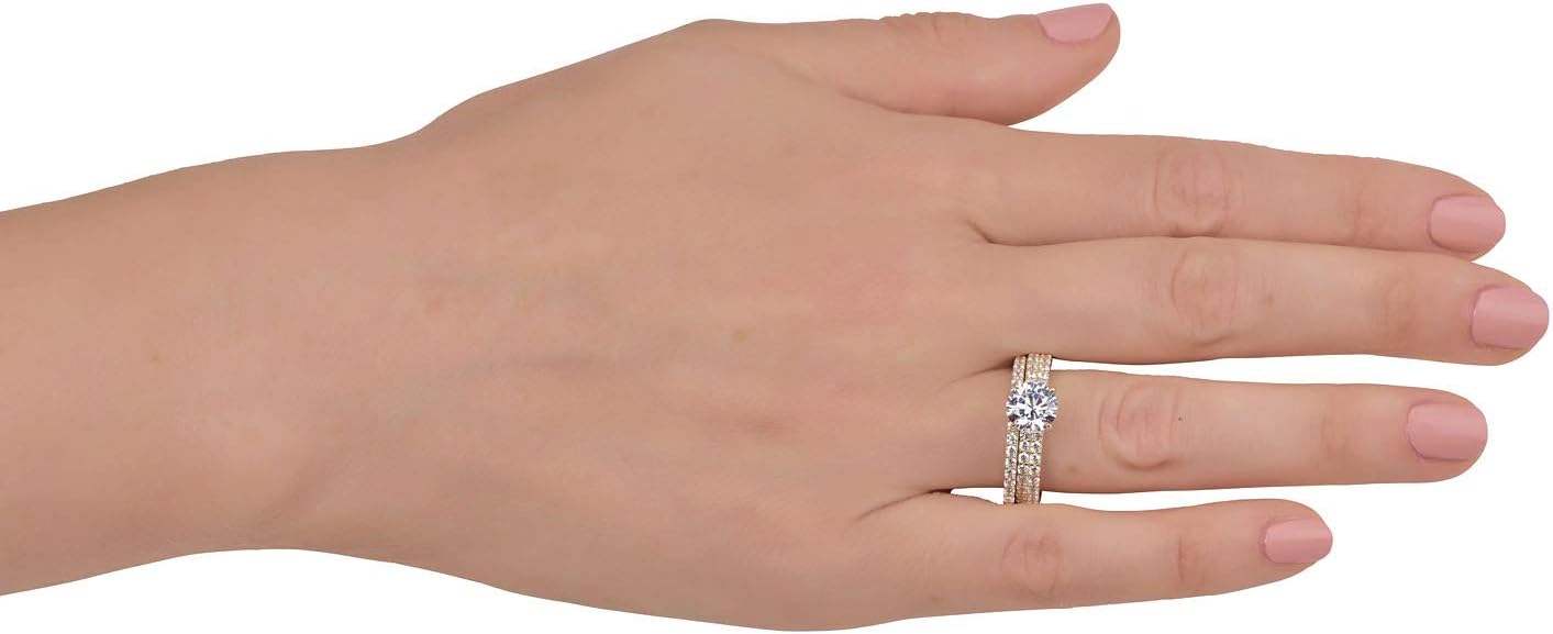 AVORA 10K Yellow Gold Classic 1.25 Carat Simulated Diamond CZ Anniversary Bridal Engagement Wedding Band Ring Set