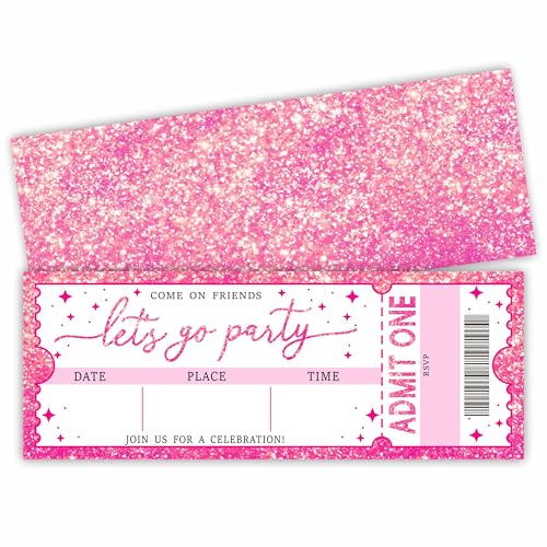 Pink Glitter Birthday Invitations Set of 20 - Lets Go Party VIP Ticket Design with Envelopes 38 Inch Cards for Girls -Birthday Party Favor & Supplies (3 X 8 In) -A12