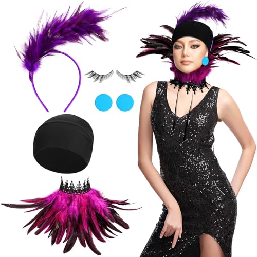 JcHrmers 5 Pcs Women Villain Costume Accessories with Purple Feather Headband Turban Hat Feather Neck Wrap Blue Round Earrings False Eyelashes for Halloween Evil Women Cosplay Party Dress up
