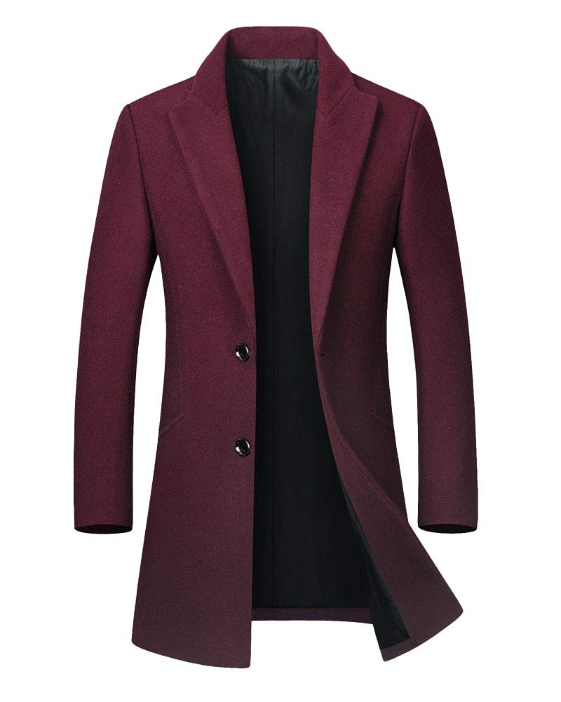 Yaott Men's Wine Red Woolen Blend Long Warm Slim Trench Coat Blazer Mid-Length Peacoat Winter Coat Winter Warm Single Breasted Overcoat Formal Business Outwear Xxl