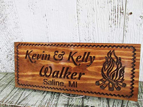 Last Name Sign with Camp Fire, Family Camper Campsite Sign, Custom Carved Wooden Signs