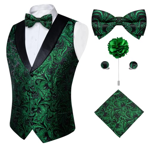 DiBanGu Mens Vest and Bowtie Set Silk Paisley Waistcoat and Bowtie Pocket Square Cufflinks with Lapel Pin for Wedding Party