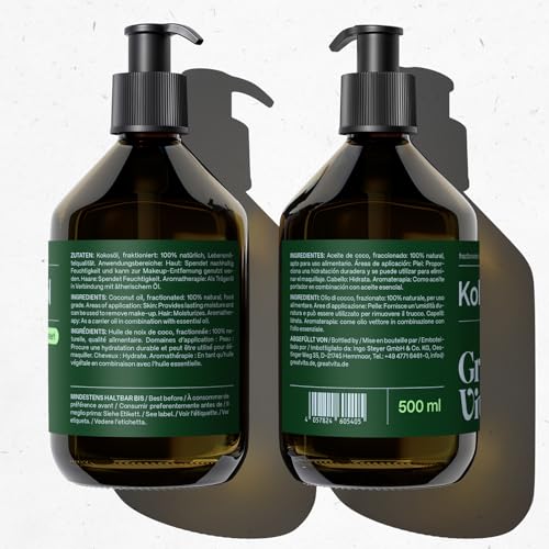 GreatVita Kokosöl Fraktioniert 500 ml | Transparent & Flüssig | Geruchsneutral, Feuchtigkeitsspendend für Haut & Haar | Natürliches Pflegeöl für Make-Up Entfernung, Massage & Haarmaske