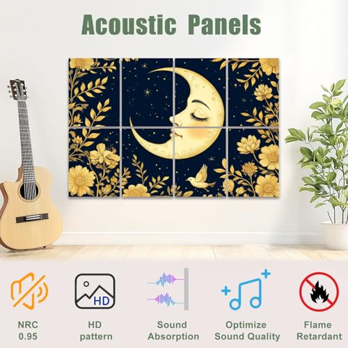 8 Pack Paneles Acústicos Artísticos Absorbentes de Sonido Sol Luna Celestial Creciente Góticas Flores Salvajes Estético Decorativos Dorados Paneles para Pared a Prueba de Sonido Autoadhesivos para Estudios, Oficina 48"x32" miniatura 3