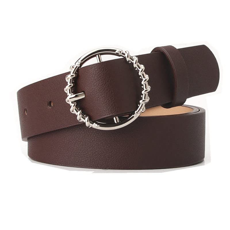 ROWAGY Cinturón de piel sintética para mujer, para vestir, pantalones de trabajo, jeans, falda, diseñador, cinturón ajustable occidental, hebilla plateada, Marrón, Talla única