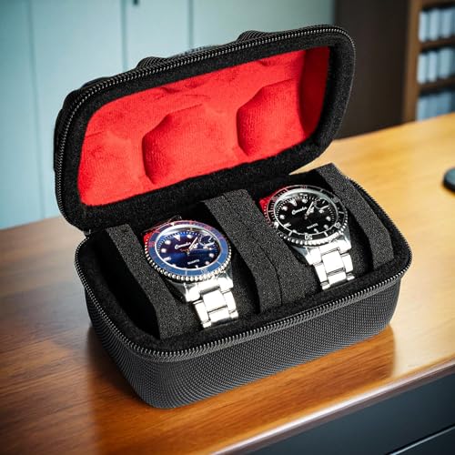 RIGICASE 2 Slots Watch travel case, men's watch storage box organizer, watch case holder with flexible foam inserts fit up to 55 mm watch