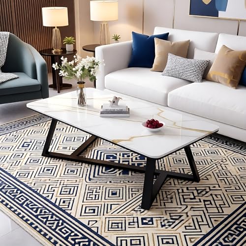 Image of Modern Engineered Wood Center Table for Living Room | Marble Pattern Coffee & Tea Table for Home, Office & Reception (White Black)