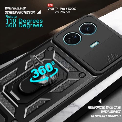 Image of AESTMO Polycarbonate Tough Armor Vivo T1 Pro 5G / Iqoo Z6 Pro 5G Bumper Back Case Cover|Ring Holder & Sliding Camera Shield Cover|360 Degree Protection Back Case Cover for Vivo T1 Pro 5G (Black)