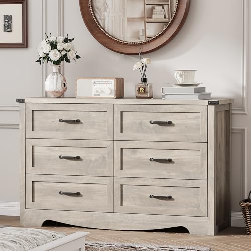 Dresser for Bedroom with 6 Drawers, 48″ Wide Wood Chest of Drawers with Deep Drawers & Mental Handle, Modern Dresser TV Stand, Wooden Closet Storage Organizer for Living Room, Hallway, Entryway, Grey