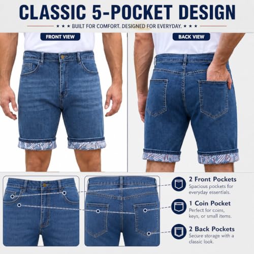 Image of Men's Jean Shorts, Stretch Denim Jorts with American Flag Cuffs, Relaxed Fit Casual Summer Shorts with 5 Pockets