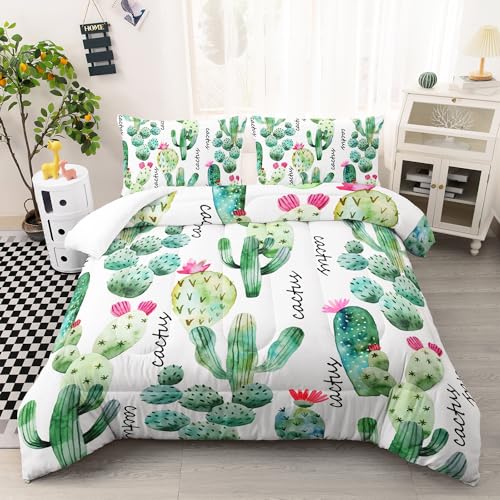 AILONEN Cartoon Cactus Comforter Set Twin Size, Cute Style Succulent Plant Bedding Set for Kids Girls,Mexican Texas Cactus Plants Bed in a Bag,1 Quilt Set 2 Pillowcases,3 PCS