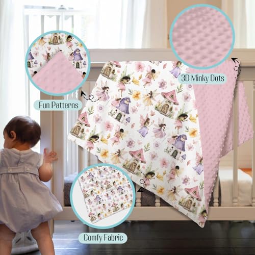 Image of Mink Baby Girl Blankets Pink Purple Fairy Tale Garden, Whimsical Magical World Soft Double Layer Dotted Backing Receiving Swaddle, Newborn Infant Toddler Nursery Crib Bedding Shower Gift 30x40