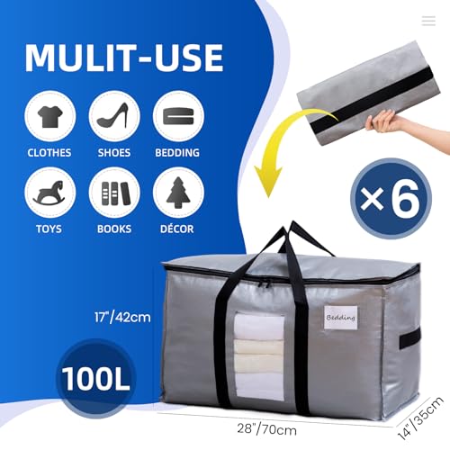 Image of TAILI Extra Large Moving Bags, 6 Pack Silver Heavy Duty Totes For Storage with Visible Window, Wrap Around Handles, Storage Bags for Space Saving, Alternative to Moving Boxes