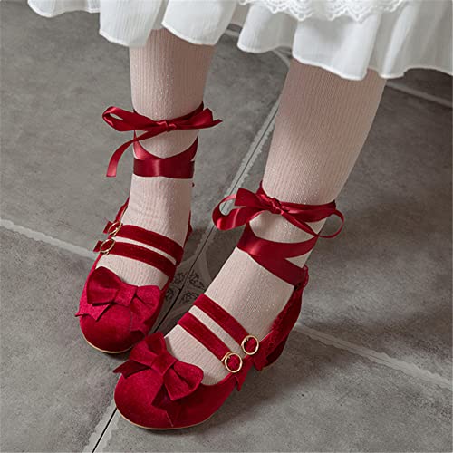 Women's Vintage Lolita Shoes Medium Heel Mary Jane Pumps with Ankle Ribbon Tie2