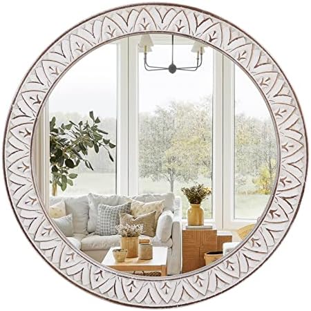 fuxuiwy 24" Round Rustic Mirror Wooden Frame Circle Mirrors, Distressed Wall Mounted Mirror for Bathroom, Bedroom, Living Room, Entryway, Fireplace, Hall