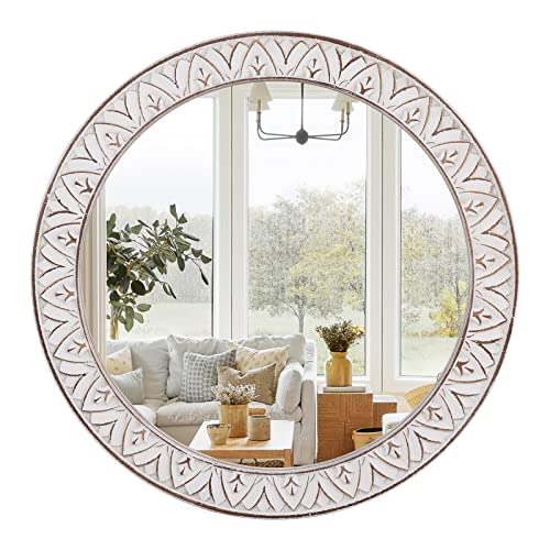 Fuxuiwy 24" Round Rustic Mirror Wooden Frame Circle Mirrors, Distressed Wall Mounted Mirror For Bathroom, Bedroom, Living Room, Entryway, Fireplace, Hall #TOP1