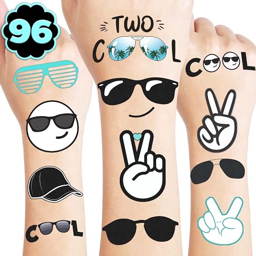 8 Sheets (96PCS) Two Cool Pre-Cut Temporary Tattoos for Kids Teal and Black 2nd Birthday Party Supplies Decorations Favors Cute Sticker Favors for Boys Girls Classroom Prizes and Gifts (Normal)