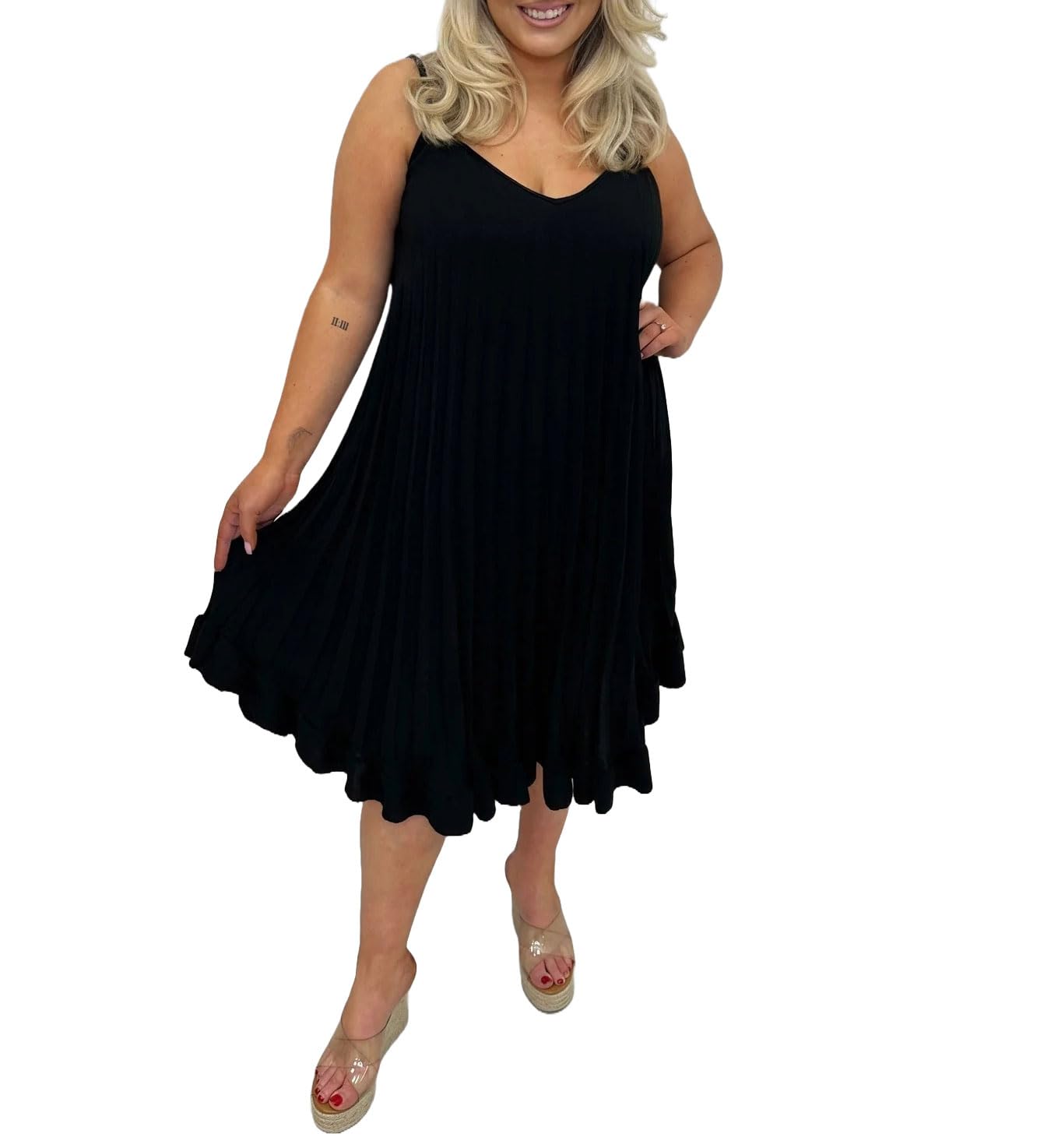 FAIRY BOUTIQUE Womens Plain Sleeveless Pleated Cami Swing Dress Ladies Oversized Summer Dress Strappy Frill Camisole Top (Black UK 20)