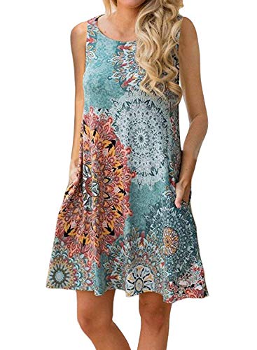 ZESICA Women's Summer Sleeveless Damask Print Pocket Loose T-Shirt Dress Navy