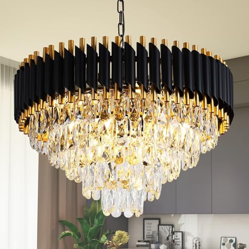 Image of Luxurious 500mm Black Gold Modern Chandelier with K9 Crystals | Warm White, Moonlight & Golden Light | Ceiling Hanging Light for Living Room, Dining Room, Bedroom, Hallway