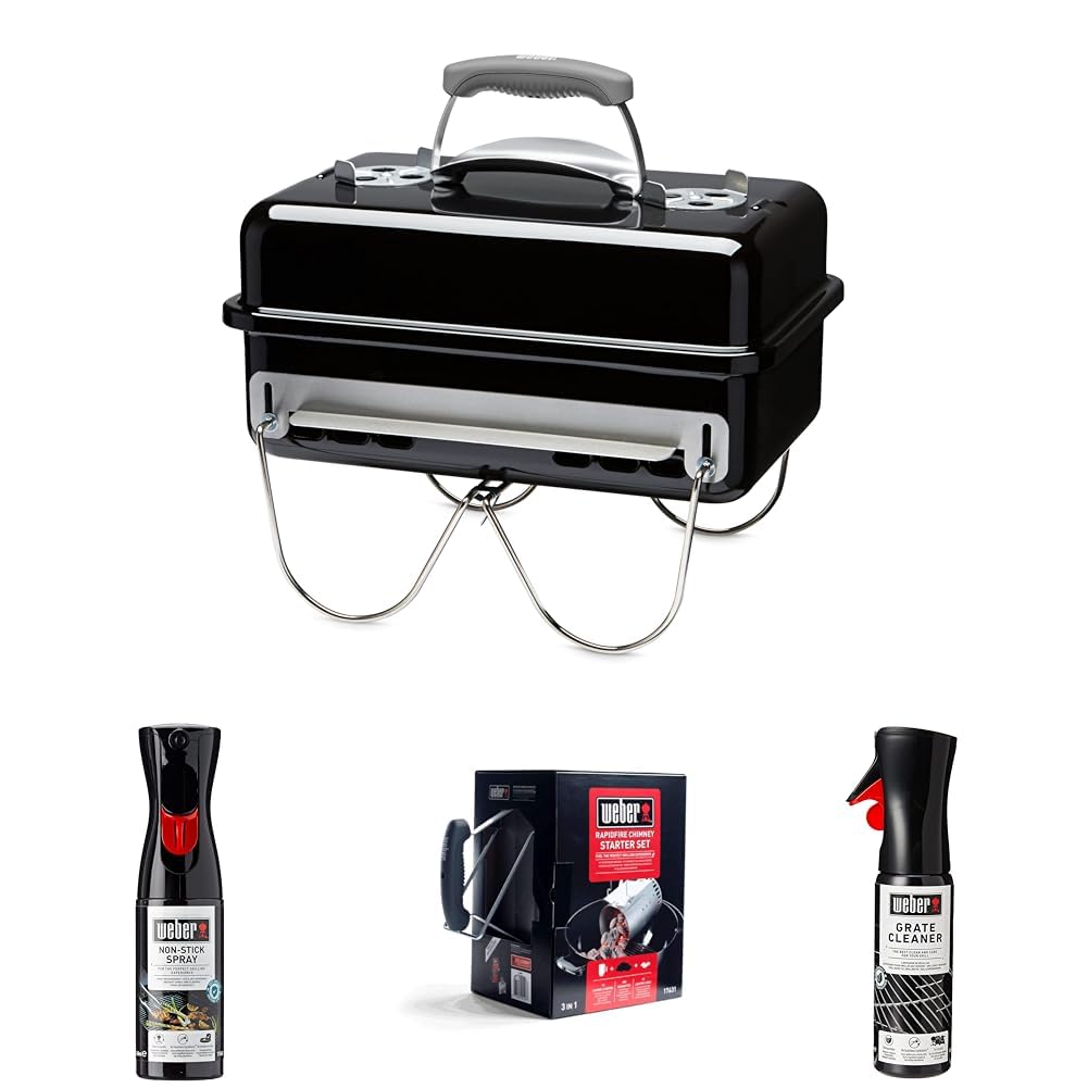 Weber Go-Anywhere Barbecue a Carbone, Nero, 1131004 + Olio Antiaderente per Griglie, 17685 + Kit Ciminiera di Accensione, 17639 + Detergente per Griglie, Nero, 17875