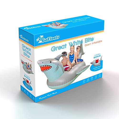 Image of GoFloats Giant Inflatable Shark Pool Float | Raft Includes Bonus Shark Drink Float | Swimming Fun for Kids and Adults, Gray