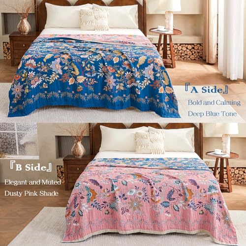 Image of XIBLC Fall Throw Blanket for Couch, Blue Boho Decorative Throw Blanket, 100% Cotton Muslin Breathable Woven Farmhouse Blankets Quilt, 50 inchx60 inch Reversible Lightweight Blankets Bohemian Throw Quilt