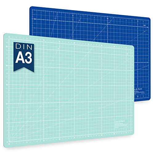 Guss & Mason tapis de découpe auto-cicatrisant A3, bleu, rose ou vert. Parfait pour la couture, le bricolage et le patchwork. 45 x 30 cm, double face indications en cm et pouces