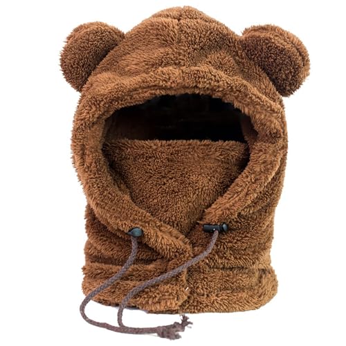 Gorro con orejas de oso Kawaii para mujer, bufanda 2 en 1, lindo invierno cálido de sherpa grueso de forro polar peludo, orejas de oso de felpa para otoño e invierno, Café, 4