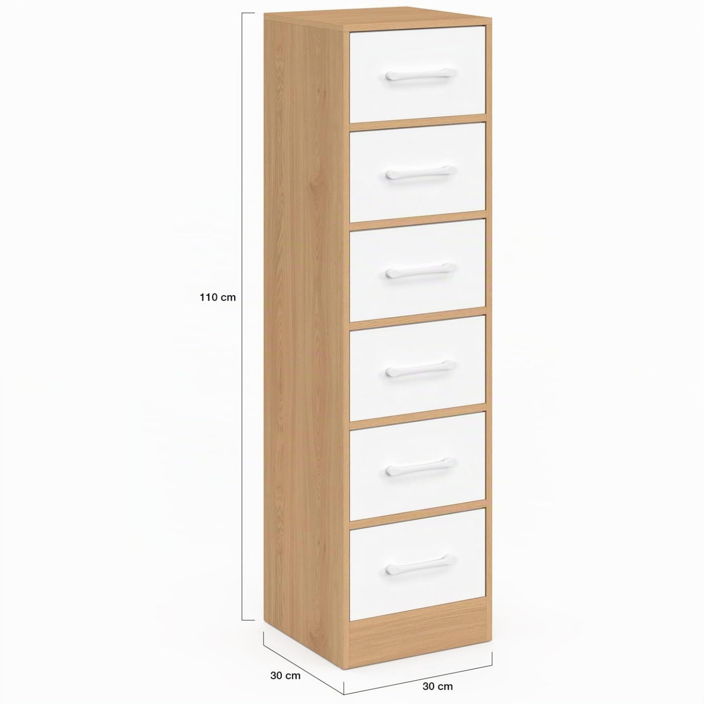 IDMarket - Mueble auxiliar de 6 cajones UPPAH, cajonera de 30 cm, mueble de madera efecto haya y blanco