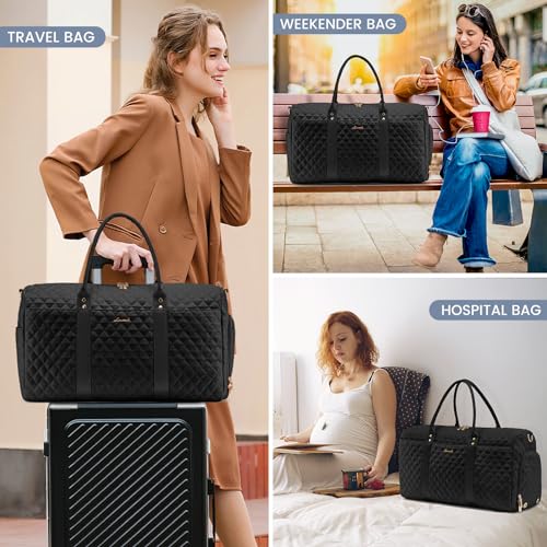 LOVEVOOK Travel Duffle Bag, Weekender Bags for Women with Shoe Compartment, Quilted Carry on Overnight Bag with Toiletry Bag, Hospital Bags for Labor and Delivery, Gym Duffel Bag with Wet Pocket Black — view 6