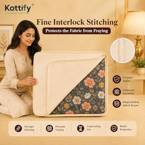 Image of Kottify Pack of 3 Cotton Canvas Clothes Storage Bags /Saree Covers with Zip for Storage Specially Design for Woman Dresses, Sarees, Lehengas for Wardrobe Organizer (17 x 14 x 7 Inch)